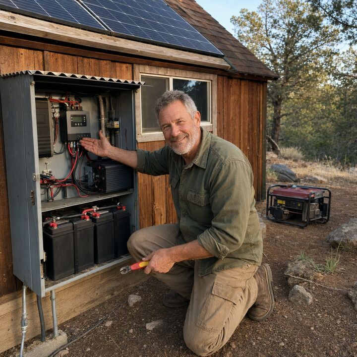 Jake M. at his rebuilt cabin solar power setup
