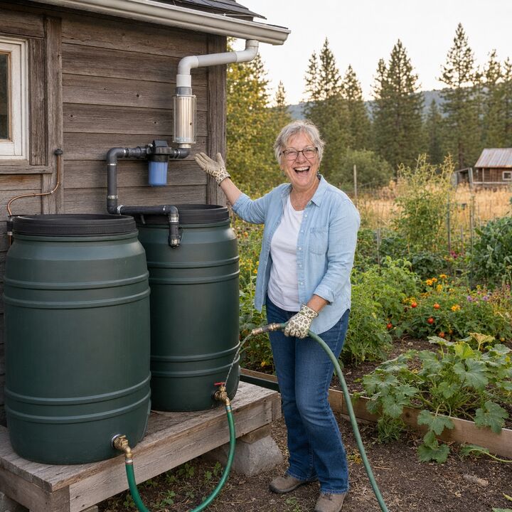 Linda P. with her rainwater collection system in the garden