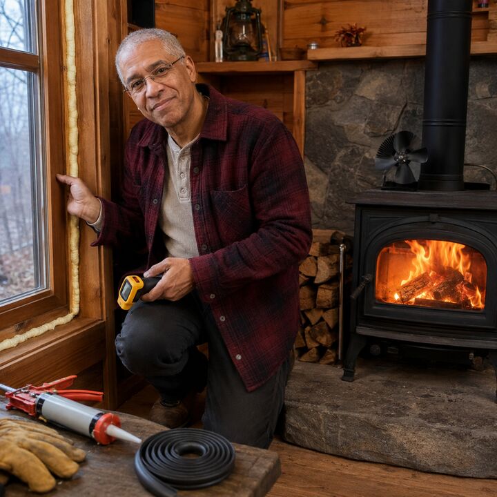 Robert C. sealing air leaks by his woodstove